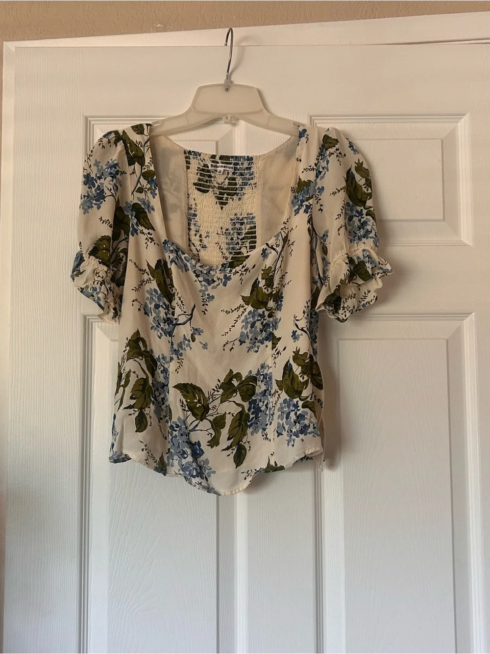 Reformation Cream Floral Scoop-Neck Blouse with Blue and Olive Green Print